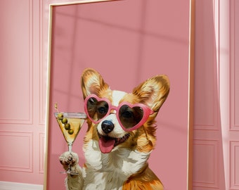 Pink Corgi Martini Art Print: Funky Preppy Dog Poster (digital