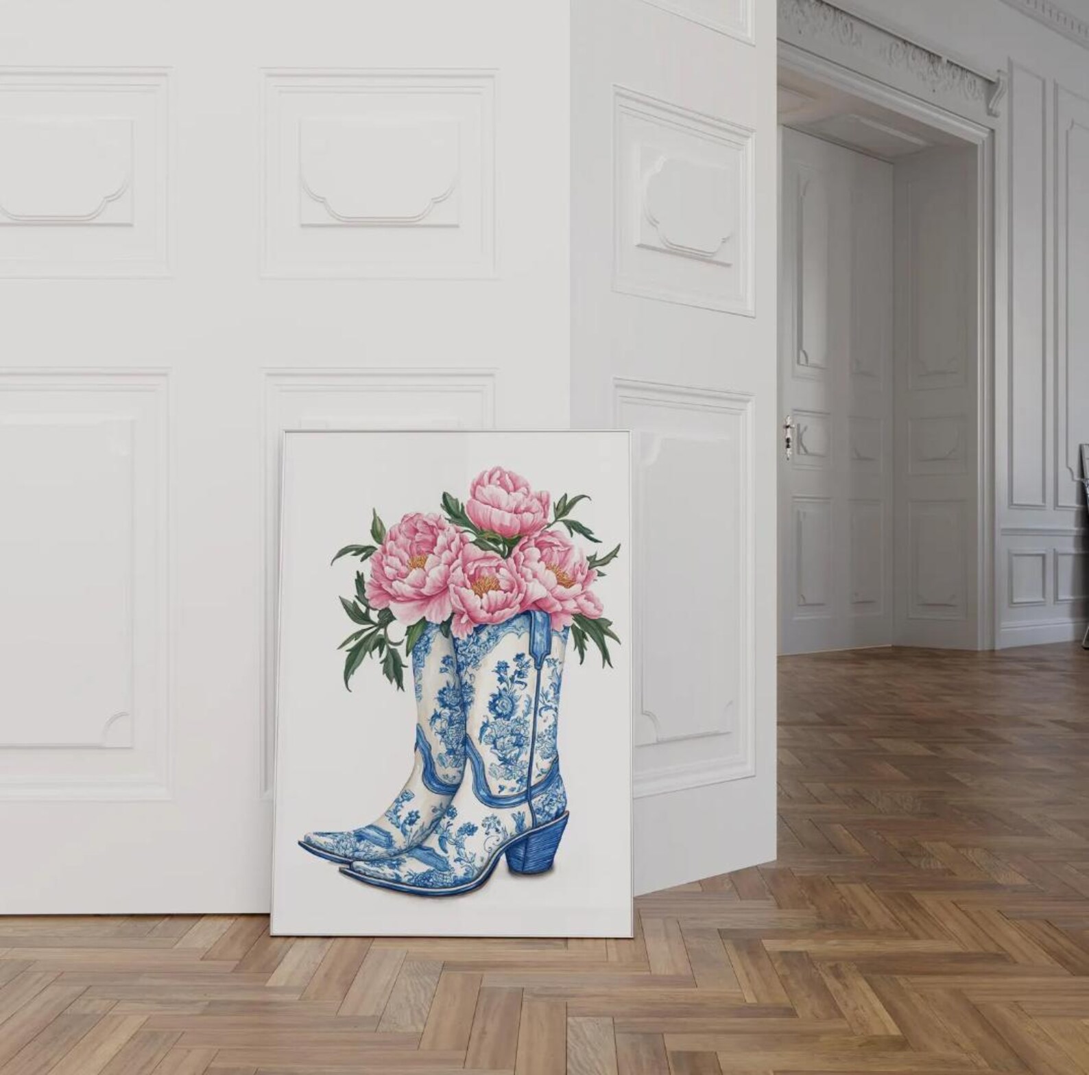 Chinoiserie Cowgirl Boots Print: Blue Floral Preppy Decor - Etsy
