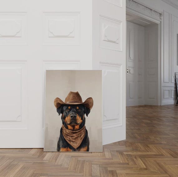 Rottweiler Dog Cowgirl Hat Print, Neutral Aesthetic Print, Vintage Art, Western Trendy Wall Art, Cowgirl Hat Print, Funky Western Art