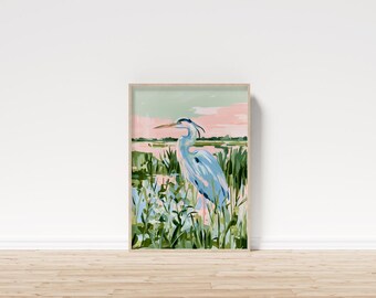Blue Heron Marsh Print: Pastel Coastal Southern Wall Art (Digital Download)
