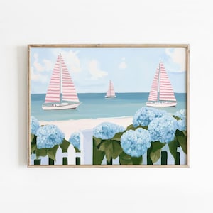Pastel Coastal Sailboat Print: Southern Beach Scene (Digital Download