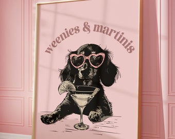 Printable Pink Dachshund Print, Funky Poster, Preppy Art, Dachshund, Dog, Bar Cart Martini Decor, Dog Print, Weiner Dog Print