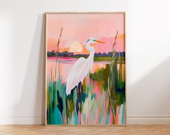 Blauer Reiher Marsch Poster: Südsee Wand Kunst in Pastelltönen (Digitaler Download)