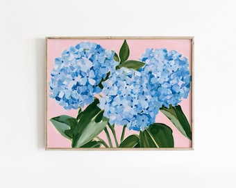 Blue Hydrangea Floral Poster, Preppy Decor, Dorm Room Art