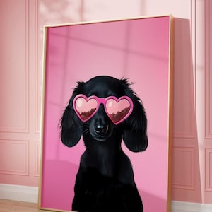Afdrukbare roze teckelprint, funky poster, preppy kunst, teckel, hond, schattig roze decor, hondenprint, kinderkamer, Weiner-hondprint