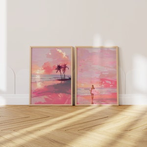 Pink Strand Bilder Set: Vintage Küsten Kunst (Digitaler Download)