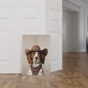 Estampa de chapéu de cowgirl com cachorro spaniel bretão, estampa estética neutra, arte vintage, arte de parede da moda ocidental, estampa de chapéu de cowgirl, arte ocidental descolada