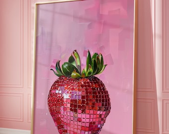 Retro Disco Strawberry Print, Fruit Pink Print, Vintage Art, Coquette Wall Art, Girly Preppy Trendy Wall Art, Disco Ball Print, Disco Fruit