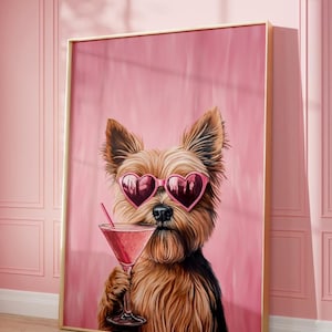 Printable Pink Yorkie Martini Print, Funky Poster, Preppy Art, Yorkshire Terrier Dog, Cute Pink Decor, Dog Print, Martini Lover Art