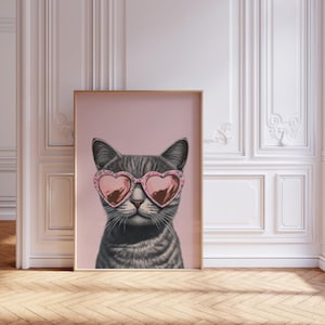 Printable Pink Cat Print, Funky Poster, Preppy Art, Grey Cat Art, Cute Pink Decor, Cat Print, Kids Room, Tabby Cat Print