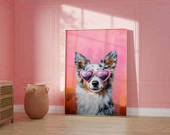 Puede incluir: Una pintura de un perro con gafas de sol de corazón rosa sobre un fondo rosa.