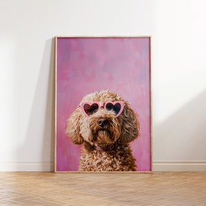 Rosa Goldendoodle Print, Funky Poster, Preppy Art, Goldendoodle Hund, süßes rosa Dekor, Hundedruck, Kinderzimmer, Doodle Dog Druck