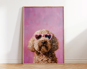 Lámina artística de Goldendoodle rosa: Póster de perro divertido, decoración para habitación infantil (descarga digital)