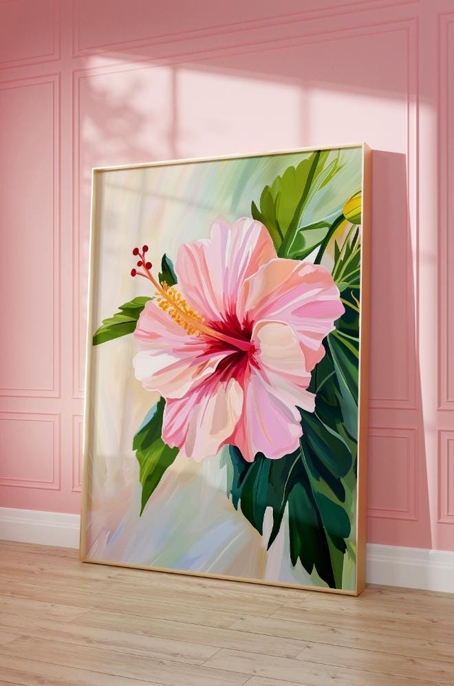 Pastel Hibiscus Flower Print: Tropical Coastal Wall Art (digital