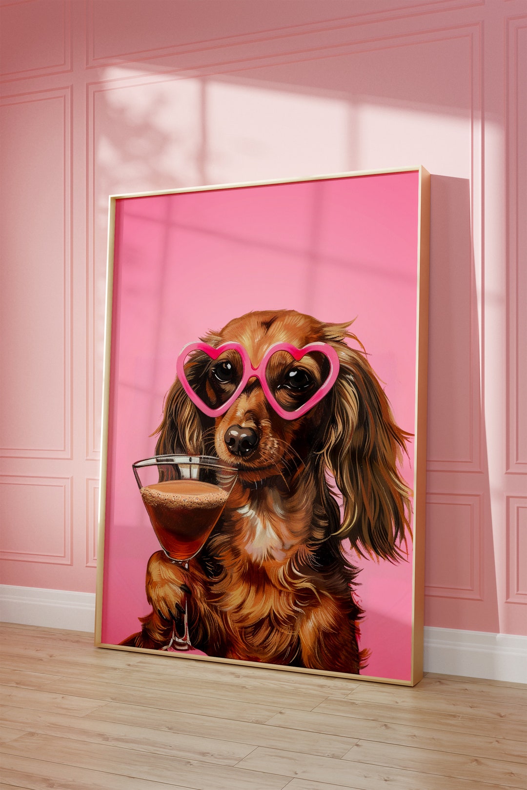 Pink Dachshund Espresso Martini Art Print: Funky Preppy Decor