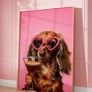 Druckbarer Rosa Dackel Druck, Funky Poster, Preppy Art, Dackel Hund, süßes rosa Dekor, Hundedruck, Espresso Martini Liebhaber, Weiner Hund Druck