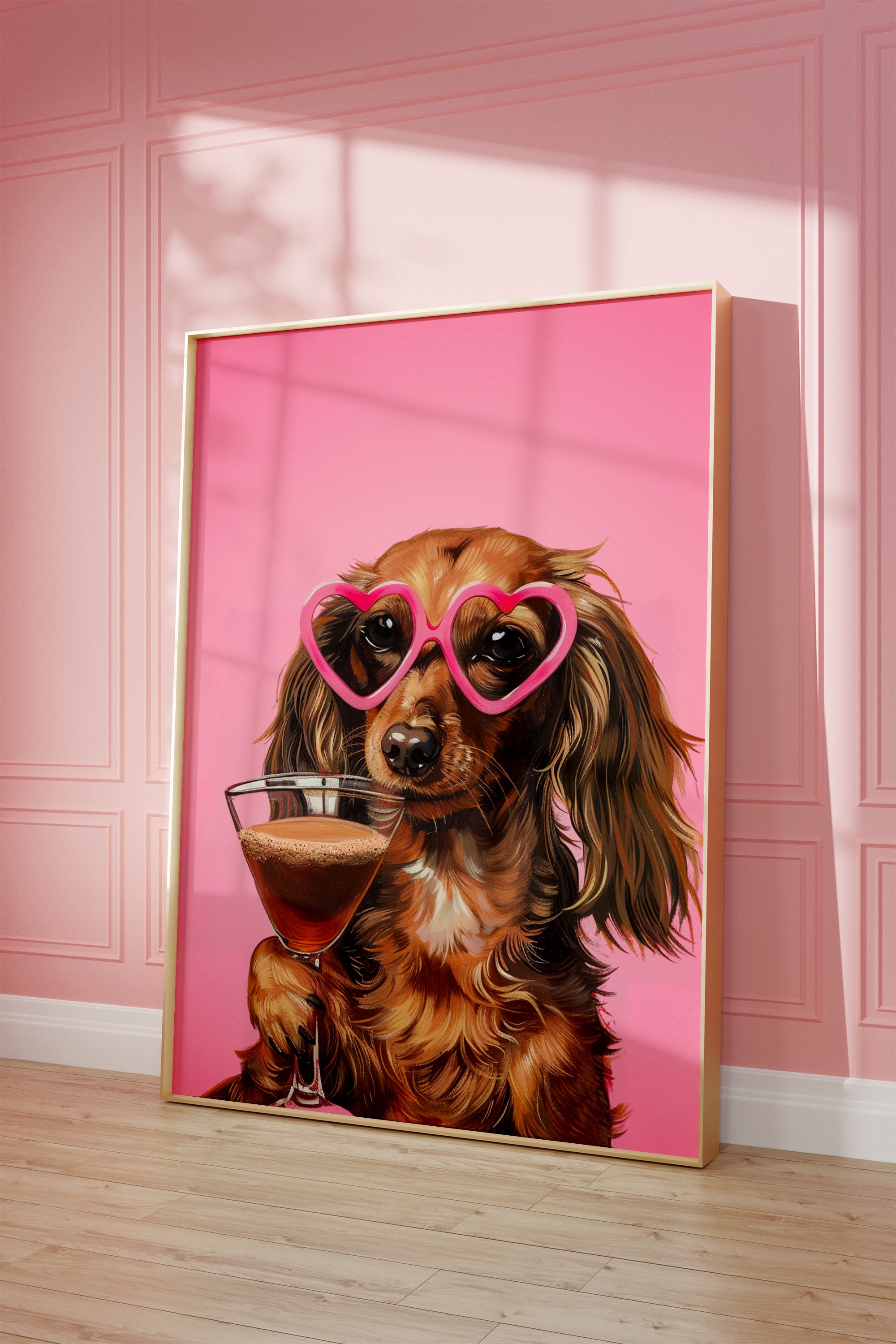 Pink Dachshund Espresso Martini Art Print: Funky Preppy Decor