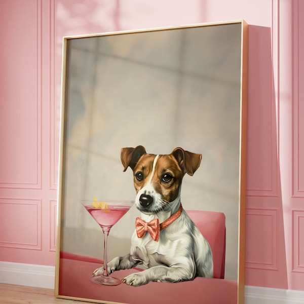 Printable Pink Jack Russell Terrier Print, Funky Poster, Preppy Art, Dog Bar Cart Martini Decor, Dog Print, Dorm Decor, Cute Dog Print