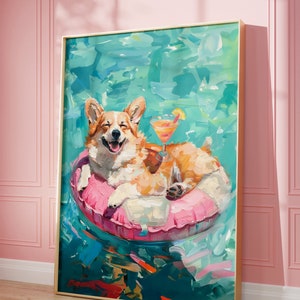 Druckbarer rosa Corgis-Druck, Funky Poster, Preppy Art, Corgis-Hund, Barwagen-Martini-Dekor, Hundedruck, Sommer-Hundedruck