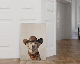 Yellow Labrador Cowgirl Hat Print, Neutral Aesthetic Print, Western Trendy Wall Art, Puppy Print, Cowgirl Hat Print, Funky Western Art