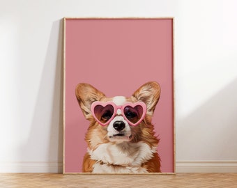 May include: A corgi dog wearing pink heart-shaped sunglasses against a pink background.
