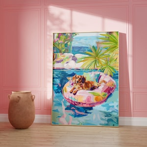 Druckbarer rosa Dackel-Druck, Funky Poster, Preppy Art, Dackel, Hund, Barwagen-Martini-Dekor, Hundedruck, Weiner-Hundedruck