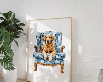 May include: A golden retriever dog sits in a blue and white floral armchair. The chair has a carved wooden frame and is set against a white background.