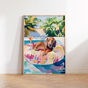 Printable Pink Dachshund Print, Funky Poster, Preppy Art, Dachshund, Dog, Bar Cart Martini Decor, Dog Print, Weiner Dog Print