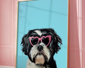 Puede incluir: Un perro blanco y negro con gafas de sol de corazón rosa sobre un fondo azul claro.