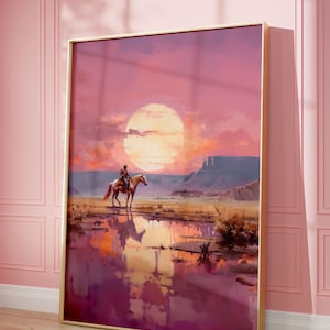 Vintage Cowboy Wall Art Western Painting Wall Art, Newspaper Poster, Pink Desert Art Vintage Bar Cart, Dorm Decor, Printable Wall Art