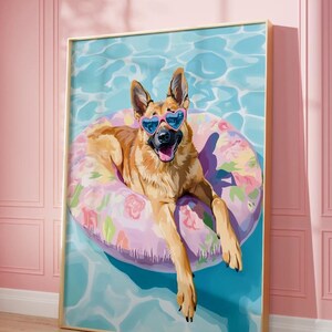 Wydrukowany różowy pasterz, plakat funky, sztuka preppy, owczarek niemiecki, uroczy nadruk z psem, nadruk z psem latem, sztuka funky z psem