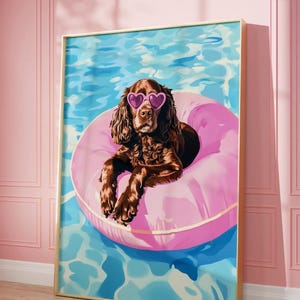 Wydrukuj różowy Boykin Spaniel Print, Funky Poster, Preppy Art, Boykin Spaniel Dog, Uroczy nadruk z psem, Letni nadruk z psem, Funky Dog Art
