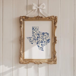Póster personalizado de estado de origen, decoración azul chinoiserie preppy, decoración personalizada de estado de origen, decoración de habitación universitaria, arte imprimible personalizado de dormitorio chinoiserie