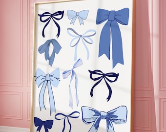PHYSICAL PRINT Blue Bow Coquette Hair Ribbon Coastal Cowgirl Decor Preppy Aesthetic French Trendy Romantic Cottagecore Dorm Decor Art