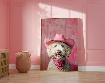 May include: A white dog wearing a pink cowboy hat and a pink bandana, against a pink and brown abstract background. The dog is looking directly at the camera.
