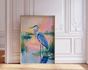 Blauer Reiher Marsch Poster: Südsee Wand Kunst in Pastelltönen (Digitaler Download)