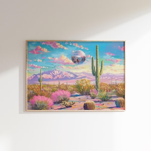 Disco Kaktus Cowgirl Wandkunst, Cowgirl Wohnheim Dekor, Funky Disco Wand Druck Digitaler Download Poster Bar Warenkorb, Preppy Pink Room Decor Ästhetik