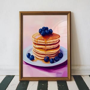 Cute Kitchen Decor, Blueberry Pancakes Art Print, Breakfast Wall Art, Vintage trendy Kitchen Decor, Retro Food Art Poster Digital Print