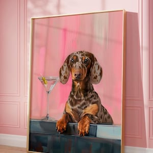 Printable Pink Dackel Print, Funky Poster, Preppy Art, Dackel, Hund, Bar Warenkorb Martini Decor, Weenies und Martinis druckbare Kunst