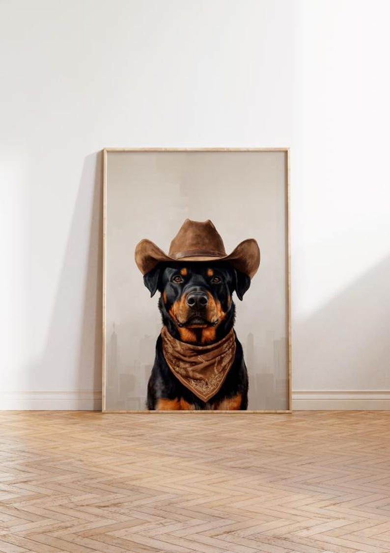 May include: A black and tan Rottweiler dog wearing a brown cowboy hat and a brown bandana. The dog is looking directly at the camera.