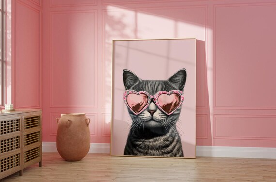 Pink Cat Art Print: Grey Tabby With Heart Sunglasses (digital