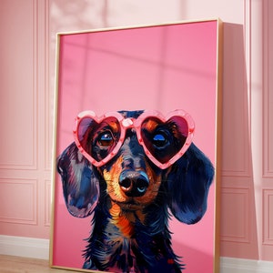 Printable Pink Dackel Print, Funky Poster, Preppy Art, Dackel, Hund, niedliches rosa Dekor, Hundedruck, Kinderzimmer, Weiner Hund