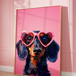 Printable Pink Dachshund Print, Funky Poster, Preppy Art, Dachshund, Dog, Cute Pink Decor, Dog Print, Kids Room, Weiner Dog Print