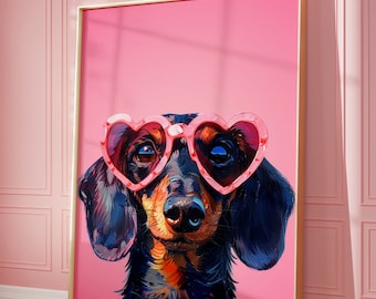 May include: A black and brown dachshund wearing pink heart-shaped sunglasses against a pink background.