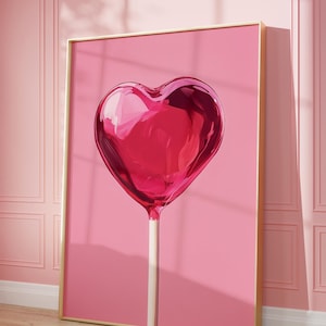 Painted Heart Lollipop Coquette Print, Trendy Wall Art, Poster Print, Retro Candy, Pink Wall Art Trendy Printable Art Dorm Room College