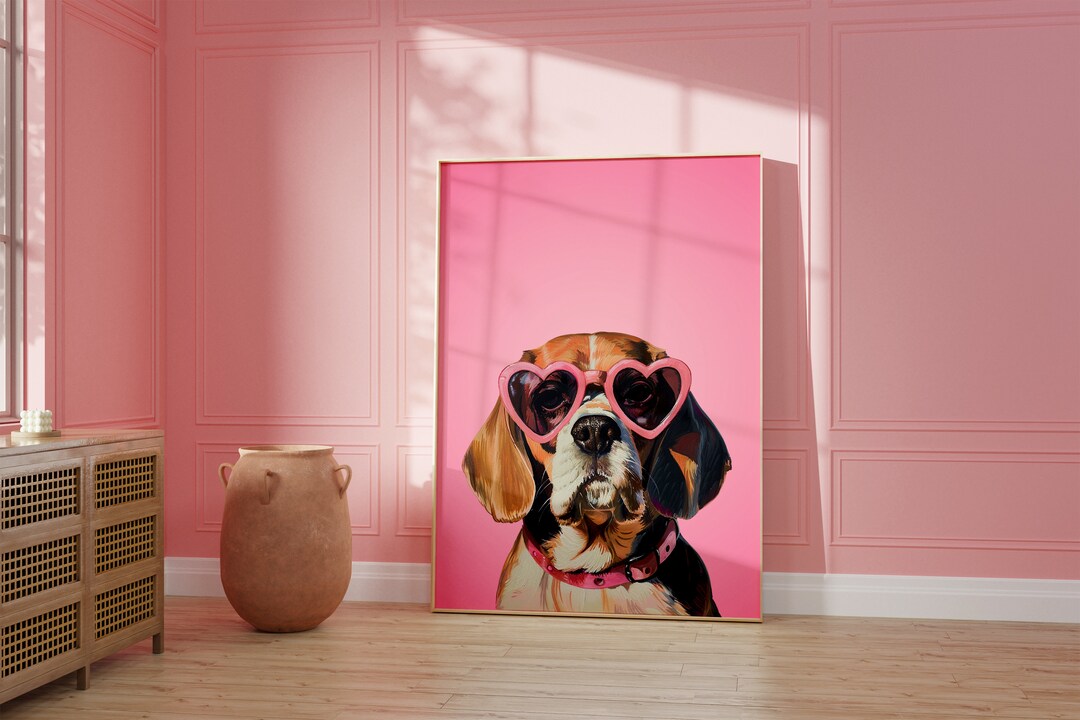 Printable Pink Beagle Print, Funky Poster, Preppy Art, Beagle Dog, Cute