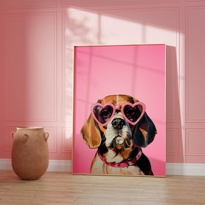 Printable Pink Beagle Print, Funky Poster, Preppy Art, Beagle Dog, Cute Pink Decor, Dog Print, Kids Room, Cute Dog Print