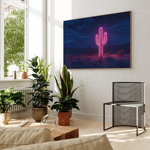 Neon cactus landschapskunst aan de muur, funky westerse esthetische print, decor cowgirl slaapzaal, retro disco digitale download, preppy barwagen poster