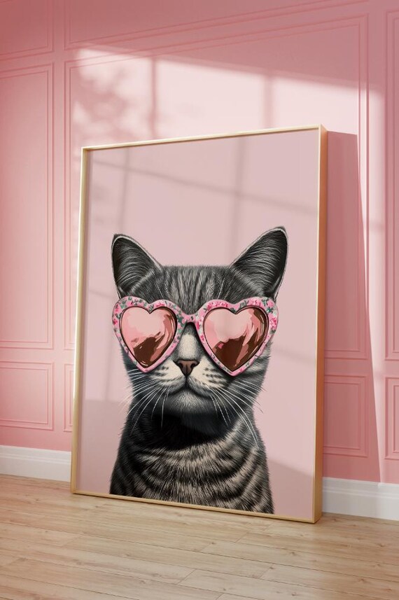 Pink Cat Art Print: Grey Tabby With Heart Sunglasses (digital