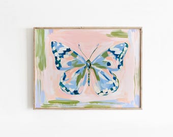 Blue & Pink Preppy Butterfly Poster, Floral Dorm Decor Art Print